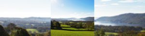 Rolling green fields with distant lake and hills