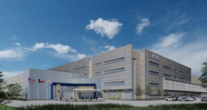 A rendering of the exterior of a hospital.